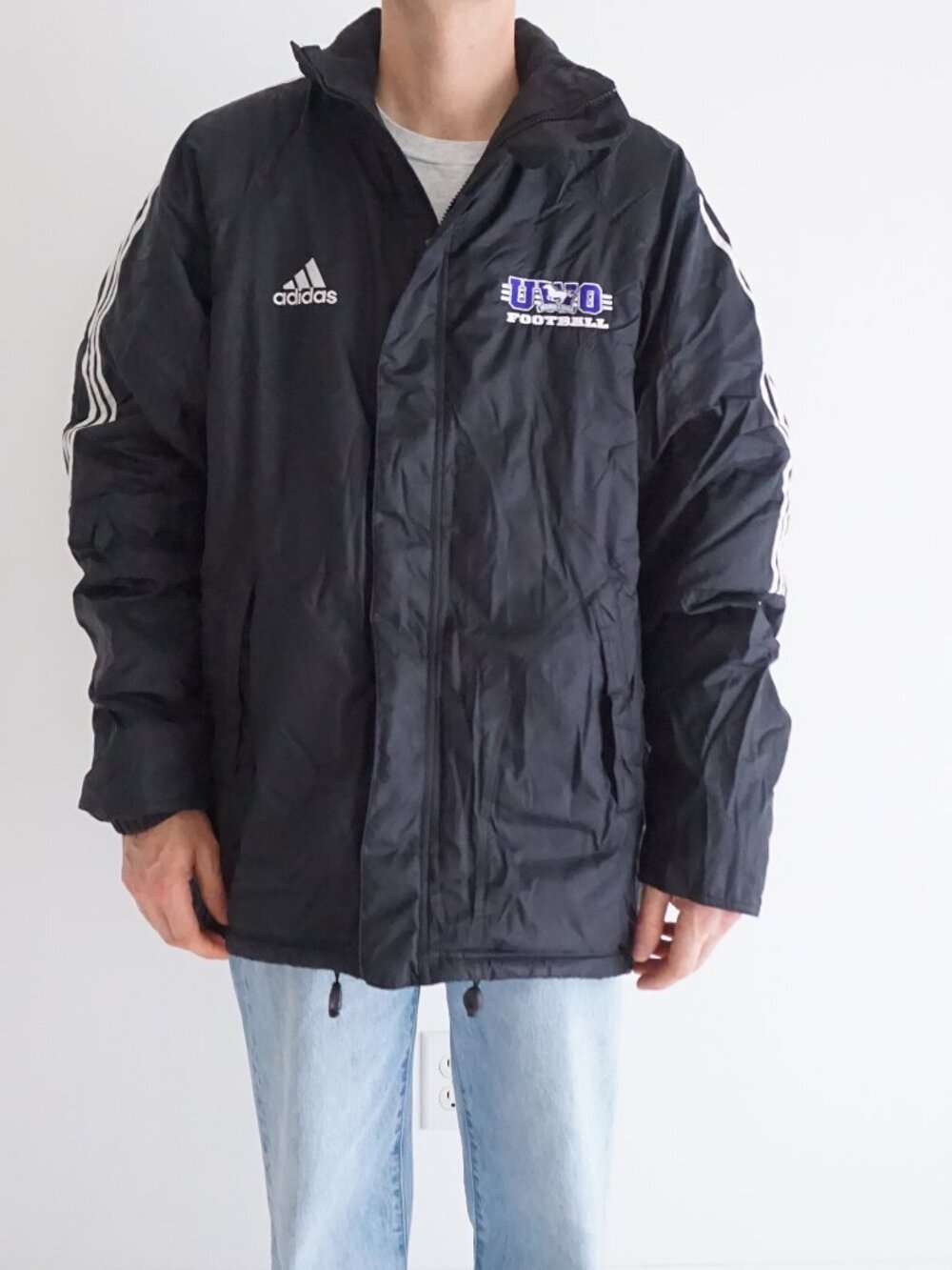 Vintage Adidas Black University Football Three Stripe Sideline Bench Jacket L